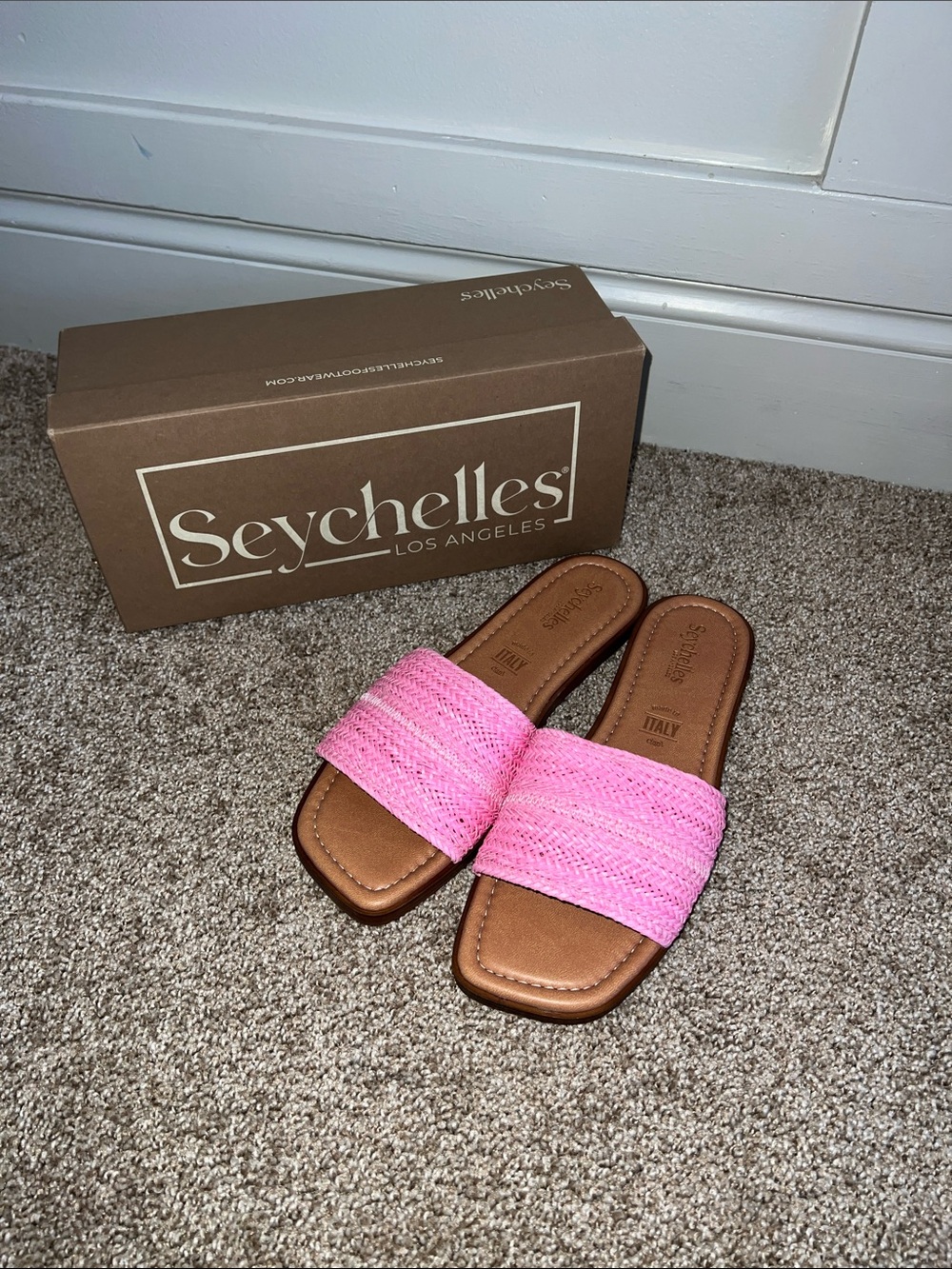 Seychelles Pink Woven Slide Sandals with Tan Footbed